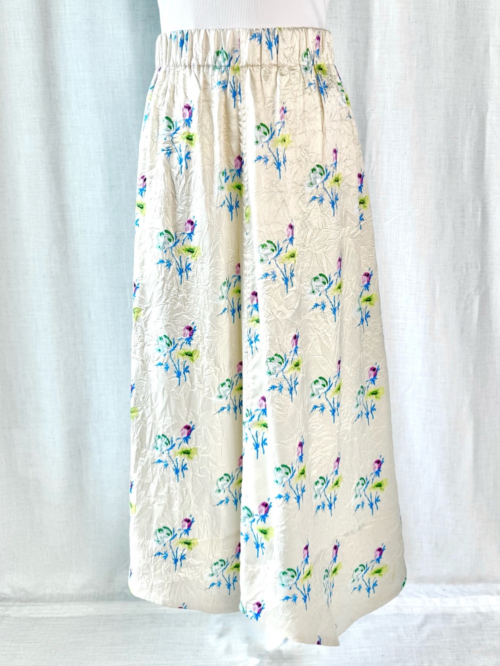GANNI Scalloped Floral Crinkled Satin Midi Skirt Butter Yellow EU 36 US 4